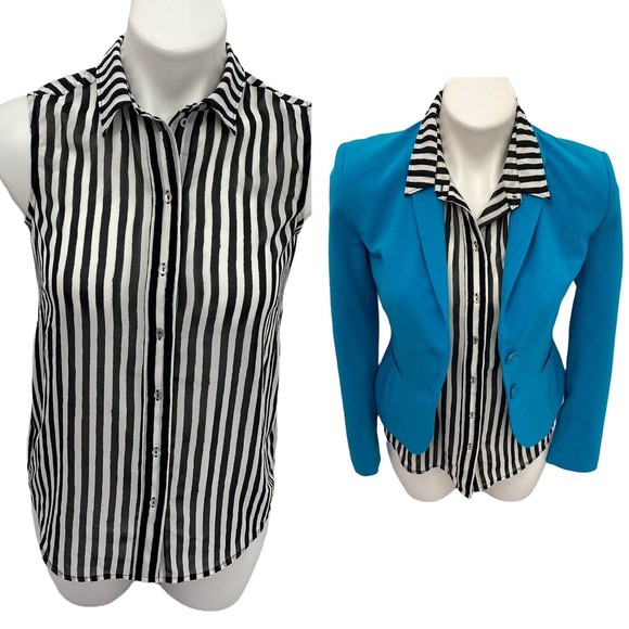 H&M Womens Top Blazer Combo Size 2 Black White Striped Chiffon Collar Blouse - Picture 2 of 11